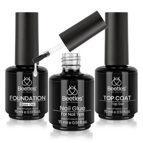 Beetles Top Coat Base Gel & Nail Glue Set-3Pcs No Wipe Top Coat & Base Coat with 5 In 1 Nail Glue Shine Effect Long Lasting Soak Off Uv Light Lamp Diy Home for Women Girls