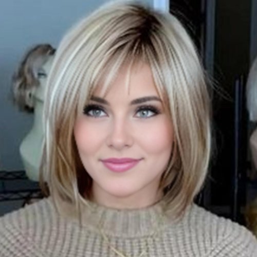 RENERSHOW Layered Blonde Bob Wigs for White Women with Bangs Straight Short Hair Wig Synthetic Ombre Blonde Highlight Bobo Haircuts Natural Daily Party Wig