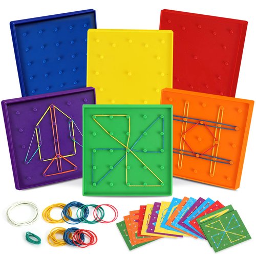 6 Pack Double-Sided Geoboard Mathematical Manipulative Material Array Block Geo Board, Educational Toy for Kids with Rubber Bands and 15pcs Pattern Card, STEM Shape Puzzle Brain Teaser Toy, 5x5 Inch