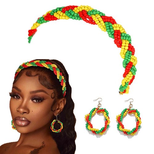 Wosois African Elastic Bead Headband Earrings Set Multicolor Seed Beads Headbands Hair Accessories for Lady Women and Girls (A)
