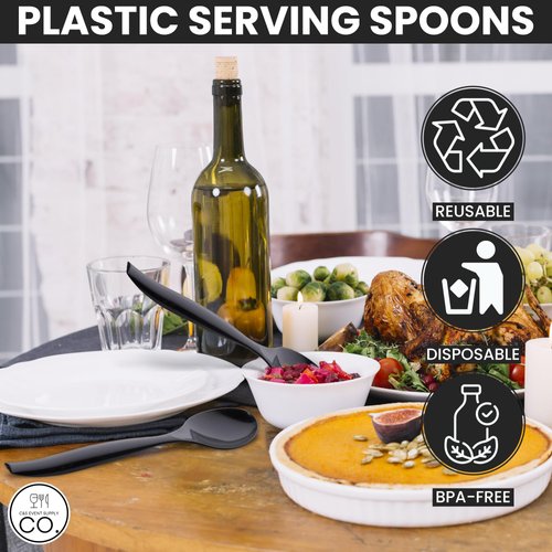 C&S Event Supply Co. 10" Plastic Serving Utensils, Disposable Plastic Serving Spoons, Reusable, Disposable, For Weddings, Catering, Buffets, Parties and Events, Bulk 12 Pack - Black