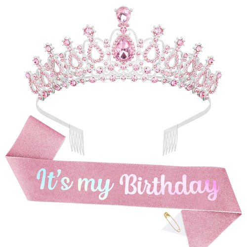 BAHABY Birthday Crown for Women, It's My Birthday Sash & Rhinestone Tiara Set Princess Birthday Sash and Tiara for Women Birthday Decorations for Women Girls- Pink