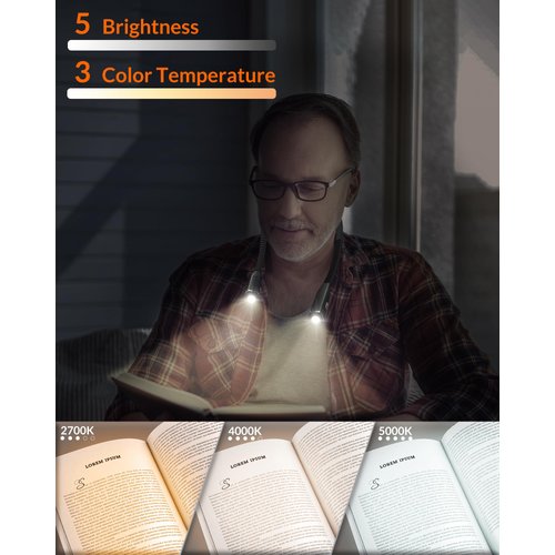 LEPOWER-TEC Book Light for Reading in Bed, Neck Reading Light, 3 Colors, Comfortable Silicone Arms, 15 Lighting Options, Rechargeable, Eye-Caring Neck Lights for Reading, Craft, Knitting
