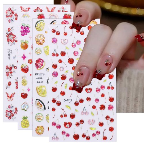 JMEOWIO 3D Embossed Fruit Cherry Lemon Nail Art Stickers Decals Self-Adhesive Pegatinas Uñas 5D Spring Summer Colorful Nail Supplies Nail Art Design Decoration Accessories 4 Sheets