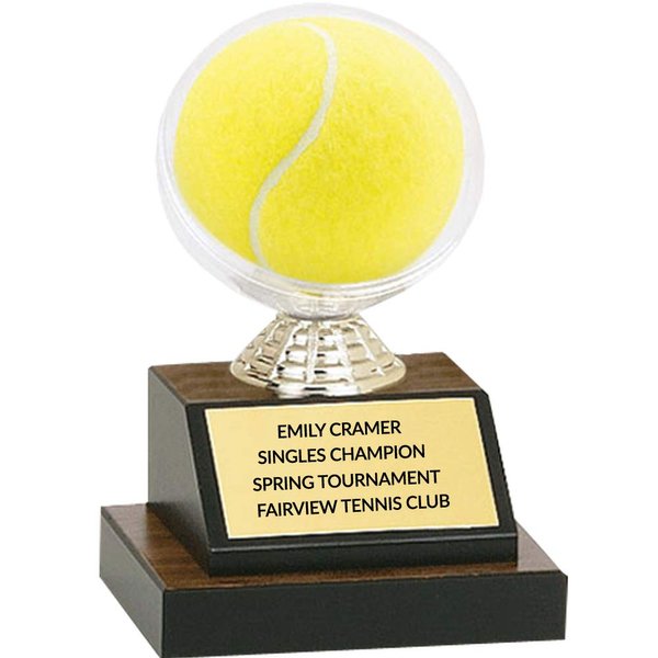 DINN BROS Custom Tennis Ball Display Case Trophy, Customize Engraving Plate, 5 1/4 Inch Tall, Insert Into Tennis Ball Holder, Walnut-Tone Base, Memorabilia For That Special Game Or Dogs Favorite Ball