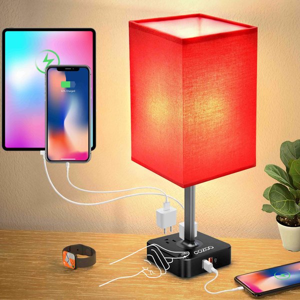 cozoo USB Bedside Table Desk Lamp with 2 USB Charging Ports and 2 Outlets Power Strip,Dimmable Table Lamp with White Fabric Shade, LED Light for Bedroom/Nightstand (Red)