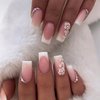 Rilafuvu Press on Nails Medium French Tip Full Cover Nails Square Press Ons Pink Press-on Nails with Flower Designs Acrylic Stick on Nails Gift for Women and Girls Decorations 24pcs (white&Pink)