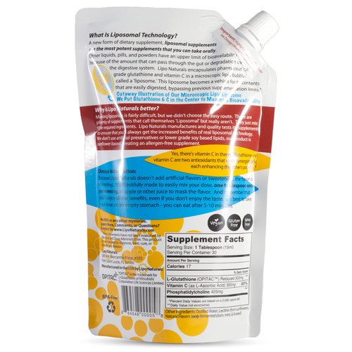 Lipo Naturals Liposomal Glutathione Complex Liquid (30 Doses) - Natural Formula Immunity + Liver Health + Anti-Aging Support with Vitamin C - Vegan, China-Free (15oz / 443ml)