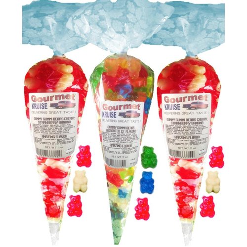 Red White Gummy Bears (2) Wild Cherry Strawberry Banana (1) Assorted 12 Flavor Gummi (NET WT 33 OZ) Gourmet Kruise Signature Gift Bags