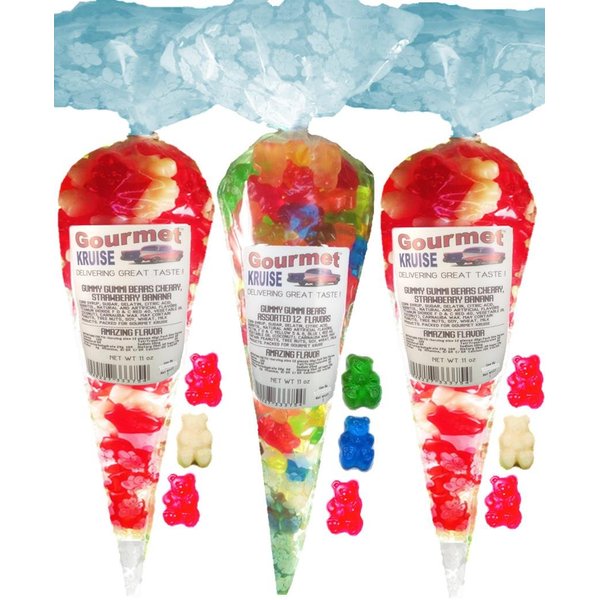 Red White Gummy Bears (2) Wild Cherry Strawberry Banana (1) Assorted 12 Flavor Gummi (NET WT 33 OZ) Gourmet Kruise Signature Gift Bags