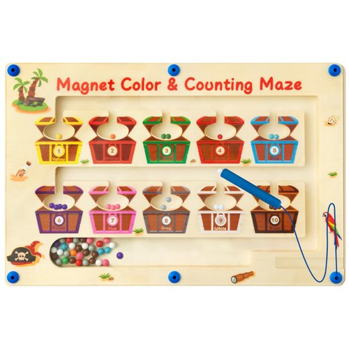 WATINC Pirate Treasure Magnetic Color and Number Maze, Wooden Magnet Montessori Toddler Learning Counting Matching Toys, Color Sorting Puzzle Board Fine Motor Skills for Preschool Kids Ages 3-5