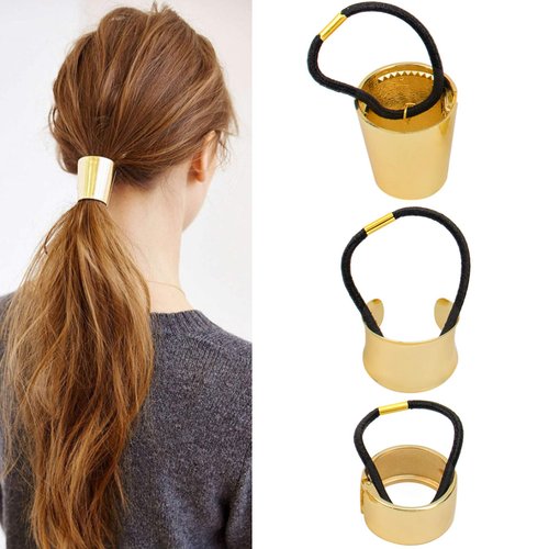 AUEAR, Brushed Metal Expandable Hair Cuff Ponytail Holder Elastic Hair Tie Cuff for Women Girls Thick Hair Rings Set (3 Pcs, Style 3)