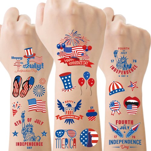 4th of July Decorations Temporary Tattoos Accessories Decor, 65Pcs 12 Sheets Patriotic Independence/Memorial/Labor Day Decorations American Flag Body Face Art Stickers