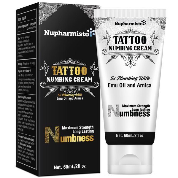 Nupharmisto 6 Hours Tattoo Numbing Cream (2oz/ 60ml), Maximum Strength Painless Tattoo Numbing Cream, Numbing Cream for Tattoos Extra Strength with 5x Numbing, Emu Oil and Arnica. 2oz/ 60ml