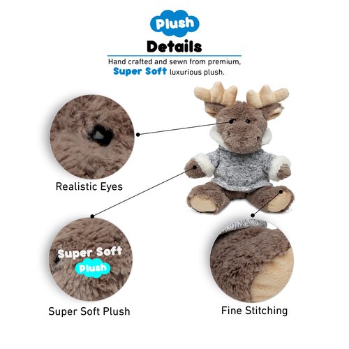 DolliBu Plush Moose Stuffed Animal - Soft Plush Sitting Moose with Gray Hooded Sweater, Adorable Huggable Moose Plush Toy for Kids and Adults - 9 Inches