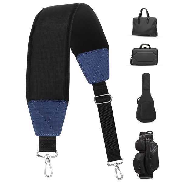 BIG TEETH Golf Bag Strap Single Padded Shoulder Strap Adjustable Thick Pad Straps Universal Replacement Quick Release (Black and blue with 2 clips)