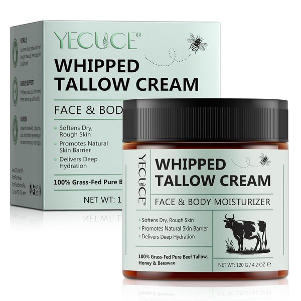 Uruses Beef Tallow for Skin, Tallow and Honey Balm, Natural Whipped Tallow Cream for Face & Body Moisturizer, Tallow Cream with Honey & Beeswax, Body Lotion Skin Care for Sensitive Skin, 4.2 oz