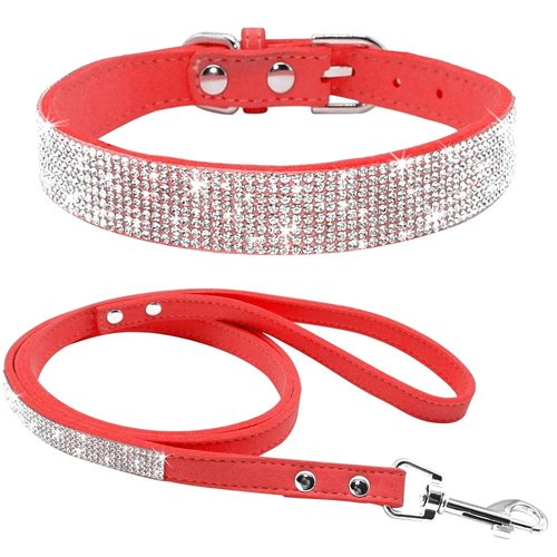 Haoyueer Cute Dazzling Sparkling Elegant Fancy Soft Suede Leather Bling Rhinestone Crystal Jeweled Pet Cat Dog Puppy Collar Dog Leash Combo Set(Red,XXS)