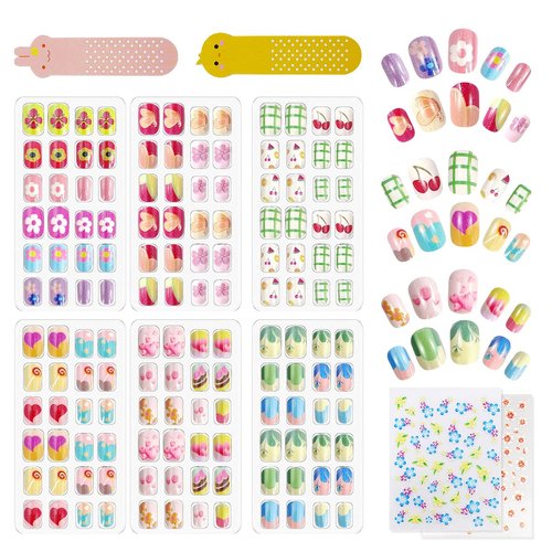 144Pcs Kids Press on Nails Children Girls Press on Short Artificial Fake Nails No fading Stable Quick Stick on Cute Pre Glue Full Cover Acrylic Nail Tip Kit Gift for Kids Nail Decoration (Flower)