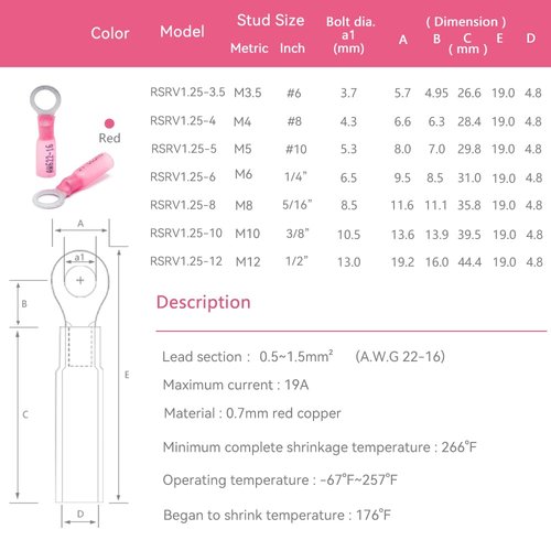HKS 50 PCS Ring Terminals #8 Red 22-16 AWG - M4 - Electrical Connectors - Heat Shrink Wire Connector Kit - Tinned Red Copper - Automotive Marine Ring Connectors - Waterproof and Insulated