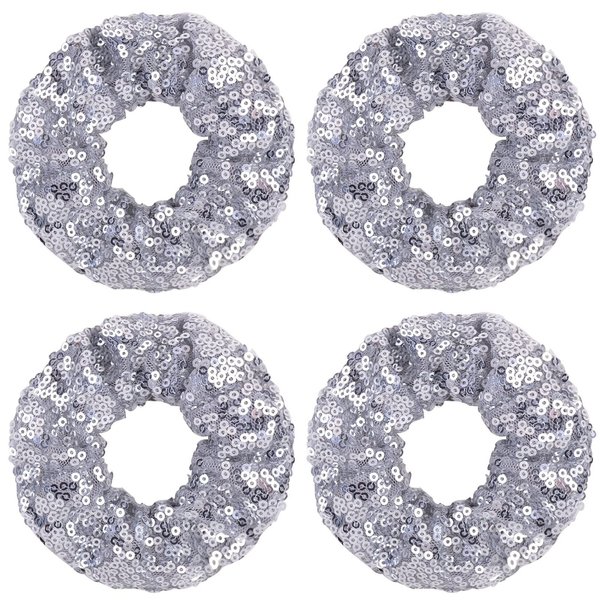 4 Pcs Sparkle Sequin Hair Scrunchie Hair Bobbles Metallic Elastics Ponytail Holders Hair Wrist Ties Bands Cloth Scrunchies for Show Gym Dance Party Club Girl Women (Silver)