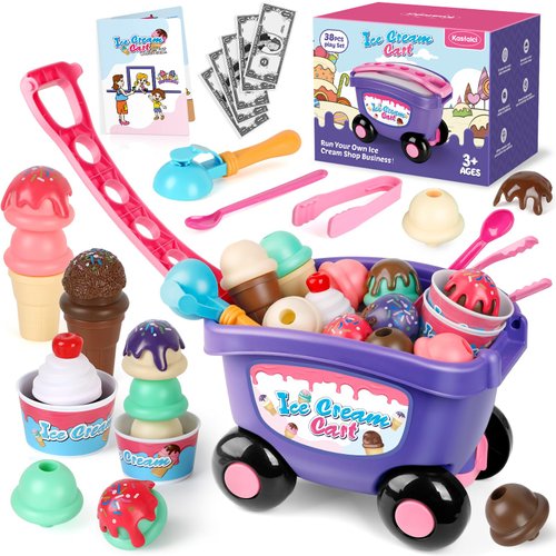 Kasfalci Ice Cream Cart Toy, Ice Cream Shop Playset for Kids, Grocery Store Pretend Play Food Toys, Shopping Cart for Toddlers, Scoop and Serve Counter, Educational toys for 3 4 5 6 Years Old Girl Boy