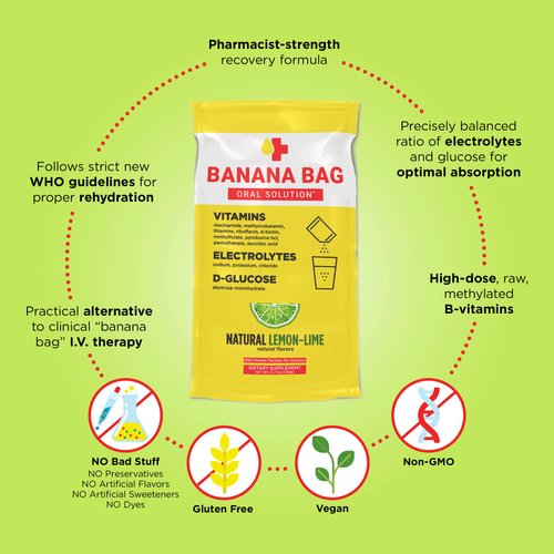 Banana Bag Oral Solution - Pharmacist Hydration Recovery Formula - Electrolyte & Vitamin Powder Packet Drink Mix - Natural Lemon Lime - Pack of 15
