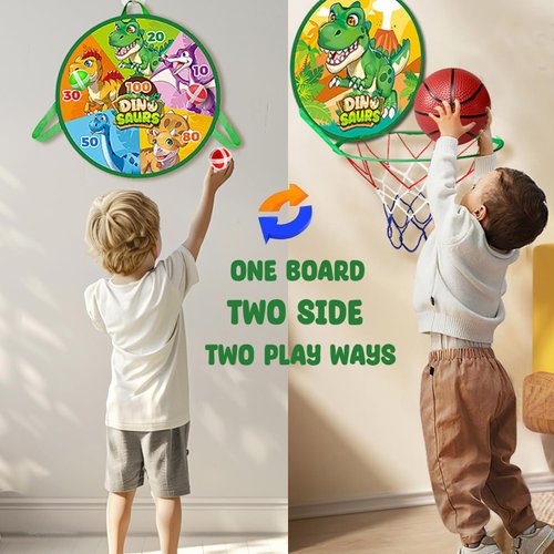 LAFALA Basketball Hoop, 14" Mini Basketball Hoop for Toddler Indoor Play Dart Board for Kids 2 in 1 Toddler Toys Birthday Dinosaur Party Favors Basketball Hoop for Kids 3,4,5 Years Old, Green T-rex