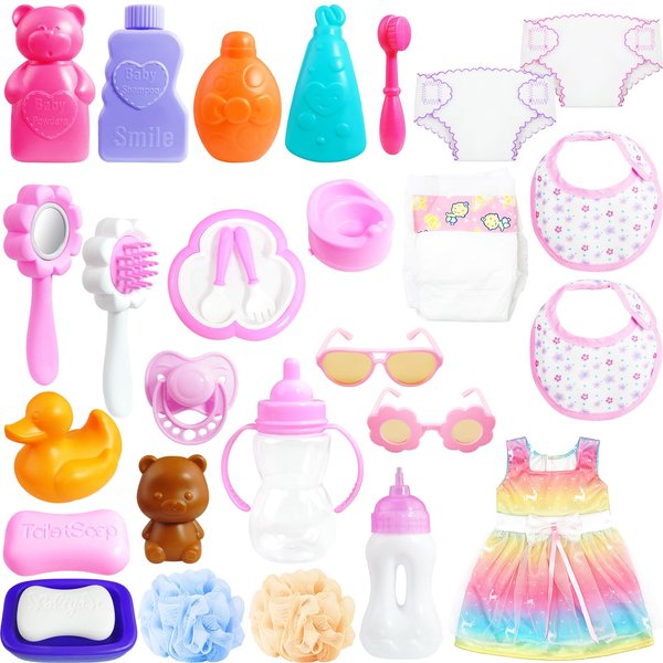 Macepason 29 Pieces Baby Doll Accessories Baby Doll Feeding and Washing Set Baby Feeding Accessories Baby Doll Feeding Set Baby Doll Toys Baby Clothes and Diaper Bath Toys (Baby Doll Accessories)