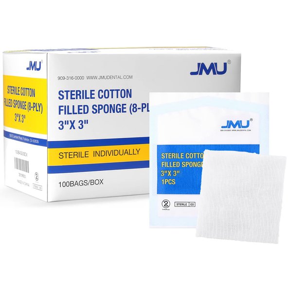 JMU 3x3 Sterile Gauze Pads Individually Wrapped, 100 Count Cotton Filled Gauze Pads, 8-ply Woven Gauze Sponges, Esthetic Wipes for First Aid Wound Dressing