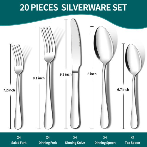 20 Piece Silverware Set, ENLOY Stainless Steel Flatware Cutlery Set, Kitchen Utensil Set Service for 4, Include Knife Fork Spoon, Mirror Polished, Dishwasher Safe