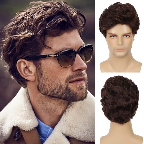 Swiking Men Wig Short Brown Curly Wigs Heat Resistant Synthetic Layered Fluffy Cosplay Daily Wig for Male Guys