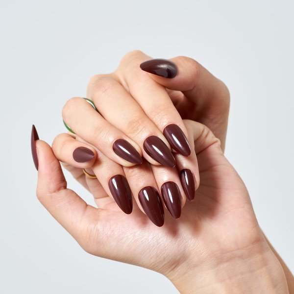 GLAMERMAID Dark Brown Press on Nails Medium Almond, Natural Glossy Jelly Gel Nails Stiletto Fake Nails with Design, Short Oval Stick Glue on Nails Tips for Women, Reusable Acrylic Daily False Nail Kit