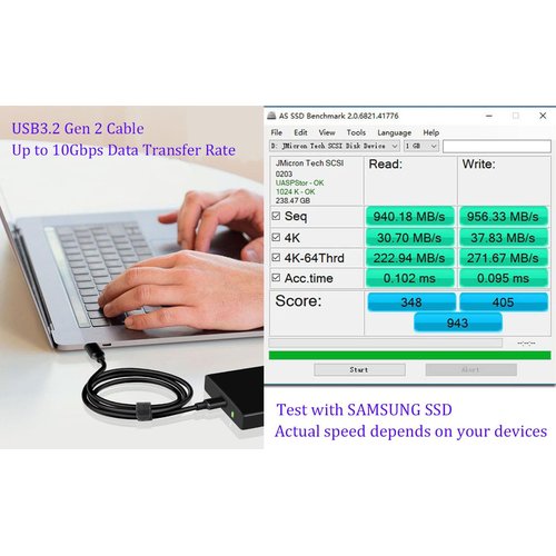 SSSUWP USB3.2 Type A to Type C Cable, USB3.2 Gen2 10Gbps USB-C Data Cable, 60W PD Fast Charging, Android Auto Cable, Compatible with Galaxy S23 S22 S21 Note 20, Pixel, iPad Pro, SSD (6.5FT)