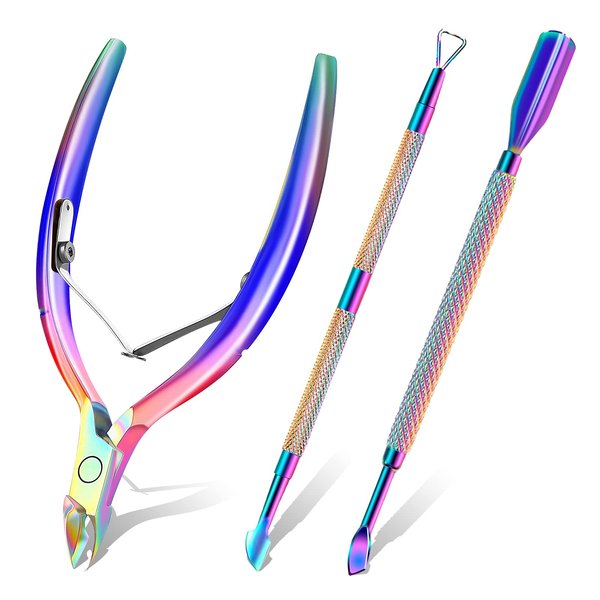 Cuticle Trimmer with Cuticle Pusher and Scissors, Cuticle Remover Professional Durable Pedicure Manicure Tools, Stainless Steel Cuticle Nipper Cutter Clipper for Fingernails and Toenails (Colored)