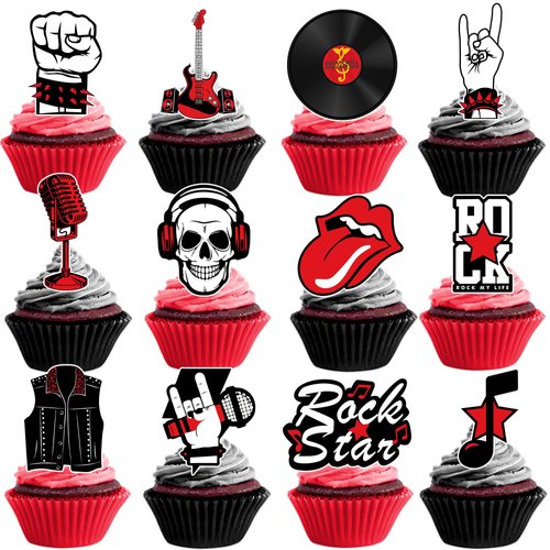 25PCS Born To Rock N And Roll Rocks Happy Birthday Cake Topper Cupcake Toppers Party Themed Table Decorations Favors Supplies Decor Music Notes 50s 60s for Kids Adults Boys Girls Teen Rewards Carnival