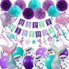 Mermaid Birthday Decorations for Girls Women, 29pcs Birthday Party Supplies Including Pom Poms Flowers Happy Birthday Banner Dots Garland Hanging Swirls and Balloons Purple Teal Confetti