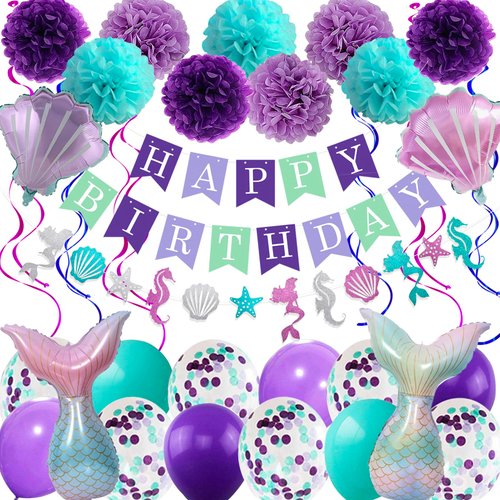 Mermaid Birthday Decorations for Girls Women, 29pcs Birthday Party Supplies Including Pom Poms Flowers Happy Birthday Banner Dots Garland Hanging Swirls and Balloons Purple Teal Confetti