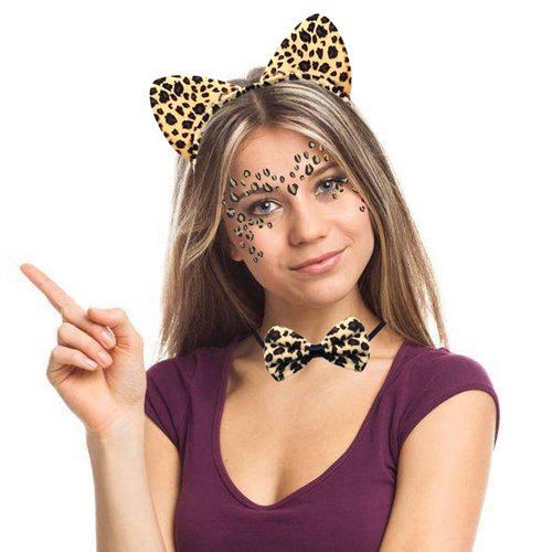 4 Pcs Halloween Leopard Cat Ears Headband Bow Tie Tail Temporary Face Stickers Tattoos Cat Hair Hoops Bands Women Bowtie Animal Headpiece Hairband Cosplay Dress Up Masquerade Birthday Party Supplies