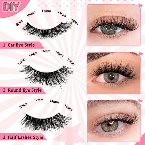 Self Adhesive Lash Clusters Kit Flu-ffy 8-16mm No Glue Lashes Press On Lashes, 60 Pcs Glueless DIY Eyelash Extensions Kit Pre Bonded Lash Clusters with Eyelash Curler and Lash Tweezers(No Glue W53)