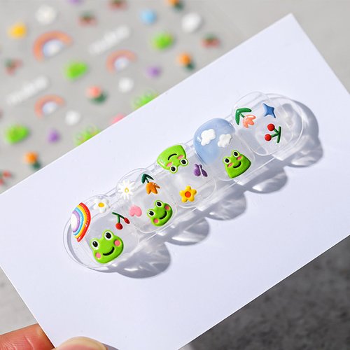 Frog Nail Stickers Summer Nail Decals 5D Embossed Nail Art Stickers Flower Rainbow Cherry Nail Design Self-Adhesive Nail Transfer Decals Cute Nail Art Supplies for Women Manicure Charms Decorations