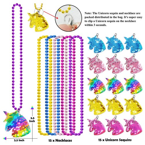 CiciBear 15 Pack Unicorn Sequin Necklace Party Favors with Mardi Gras Beads for Unicorn Themed Party Favors, Home Decorations, Festivals, Wedding, Birthday Celebrations, 5 Colors