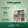 Lottie London Lottie Palette in The Olives, 9 shade compact eyeshadow palette in olive greens and neutral shades in a mix of creamy mattes and sparkling shimmers
