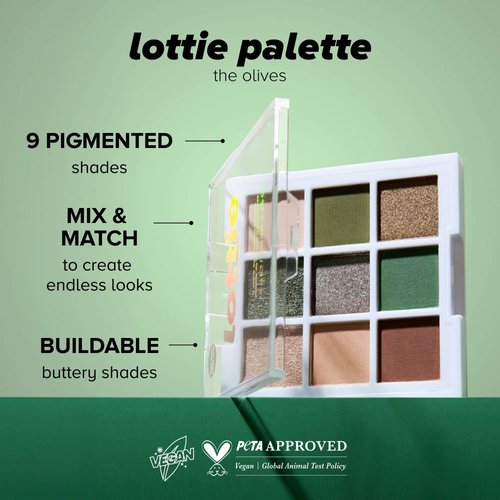 Lottie London Lottie Palette in The Olives, 9 shade compact eyeshadow palette in olive greens and neutral shades in a mix of creamy mattes and sparkling shimmers