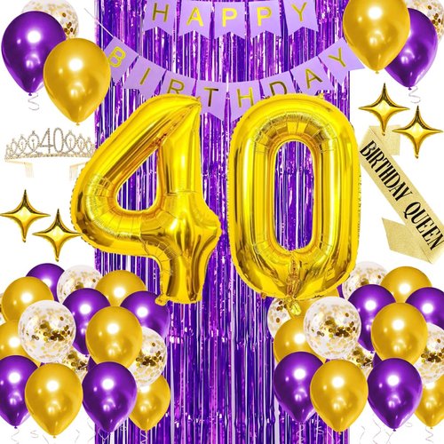Purple Birthday Decorations for Women 40th Purple Gold Birthday Party Decorations for Her , Happy Birthday Banner, Crown, Sash,Chrome Gold Numer 40 Balloon, 40 Purple Birthday Party Supplies for Women