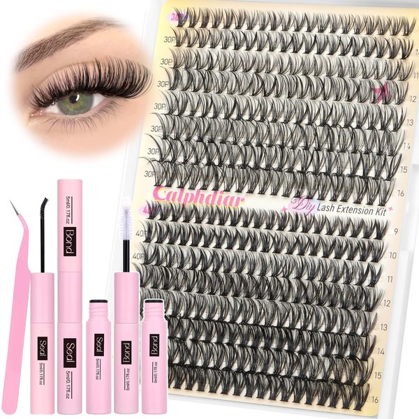 Eyelash Extension Kit 320PCS Lashes Clusters 30D+40D Lash Extension Kit 9-16mm Wispy Cluster Eyelash Extensions Kit with Lash Bond and Seal Tweezers Natural Lash Clusters Kit for Beginners