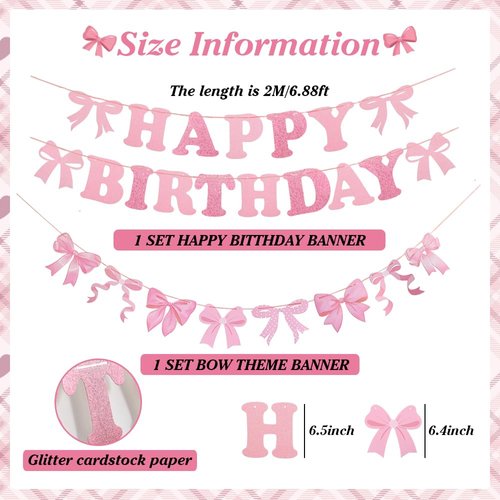Pink Bow Happy Birthday Banner Garland, 2Pcs Coquette Bow Banner Birthday Party Decorations for Girls Bow Theme Birthday Baby Shower Bridal Shower Bachelorette Coquette Party Supplies