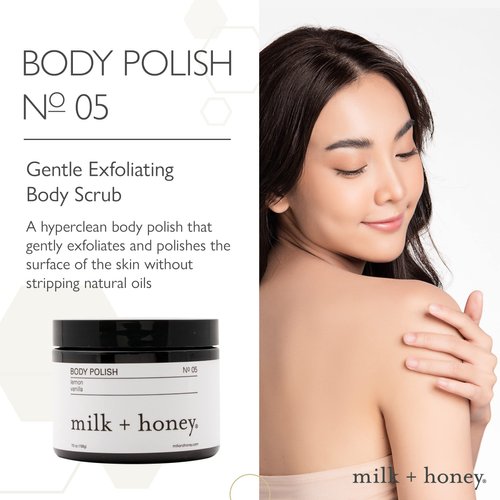 milk + honey Exfoliating Body Polish, No. 5, with Coconut, Vanilla, and Lemon, Exfoliating Body Polish, Body Scrub for Women and Men, 7 oz