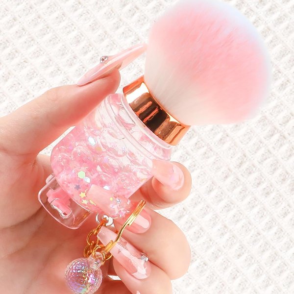 heemeei Nail Dust Brush for Acrylic Nails, Nail Art Dust Powder Remover Brush with Sequins and Liquid Dandle, Soft Kabuki Nail Art Dust Clean Pink White Hair for Makeup Manicure