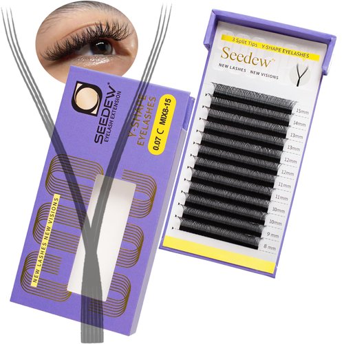 SEEDEW® YY 3 Split Tips Lash Extensions, Natural Lash Clusters, Y Shape Lash Tray, Soft Fluffy Curved Thicker More Time-Saving for Beginner Lash Artist Tech, Eyelash Salon(YYY-Black-0.07-C-MIX8-15mm)